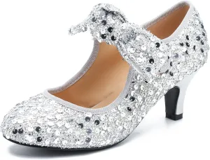 Women's Low Kitten Heels with Bow Mary Jane Sequin Pumps Comfortable Vintage Dance Wedding Dress Shoes