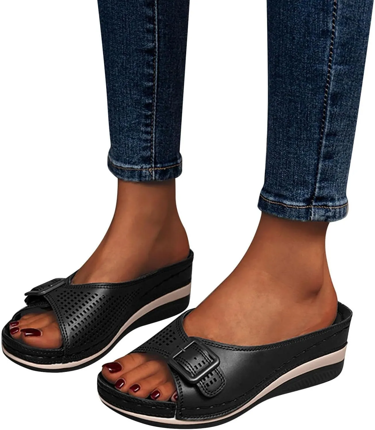 Women's Orthopedic Sandals Arch-Support Slip On Platform Hollow-Out Open Toe Slippers Beach Mules Flip Flops