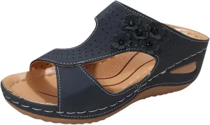 Women's Orthopedic Sandals Slip On Open Toe Flowers PU Wedge Platform Comfortable Arch Support Slippers