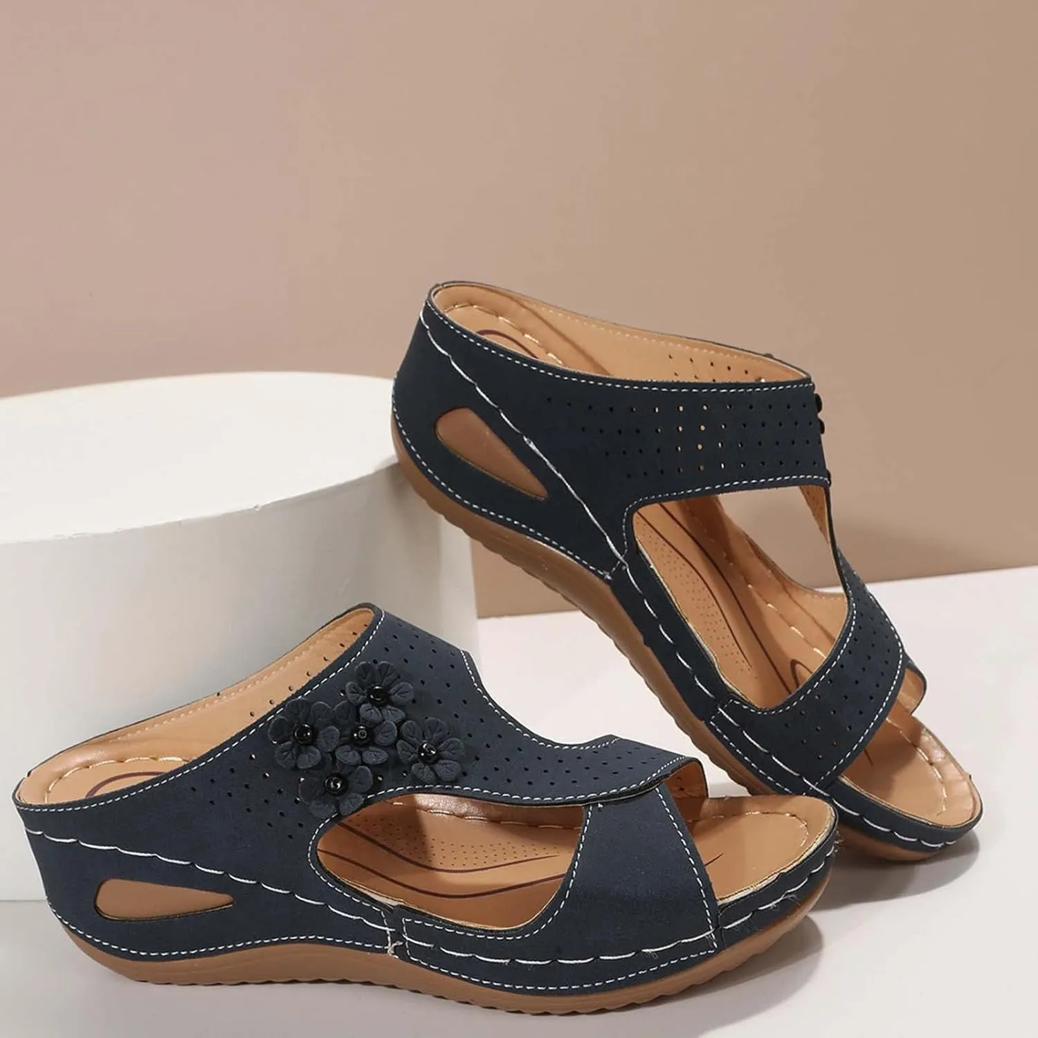Women's Orthopedic Sandals Slip On Open Toe Flowers PU Wedge Platform Comfortable Arch Support Slippers