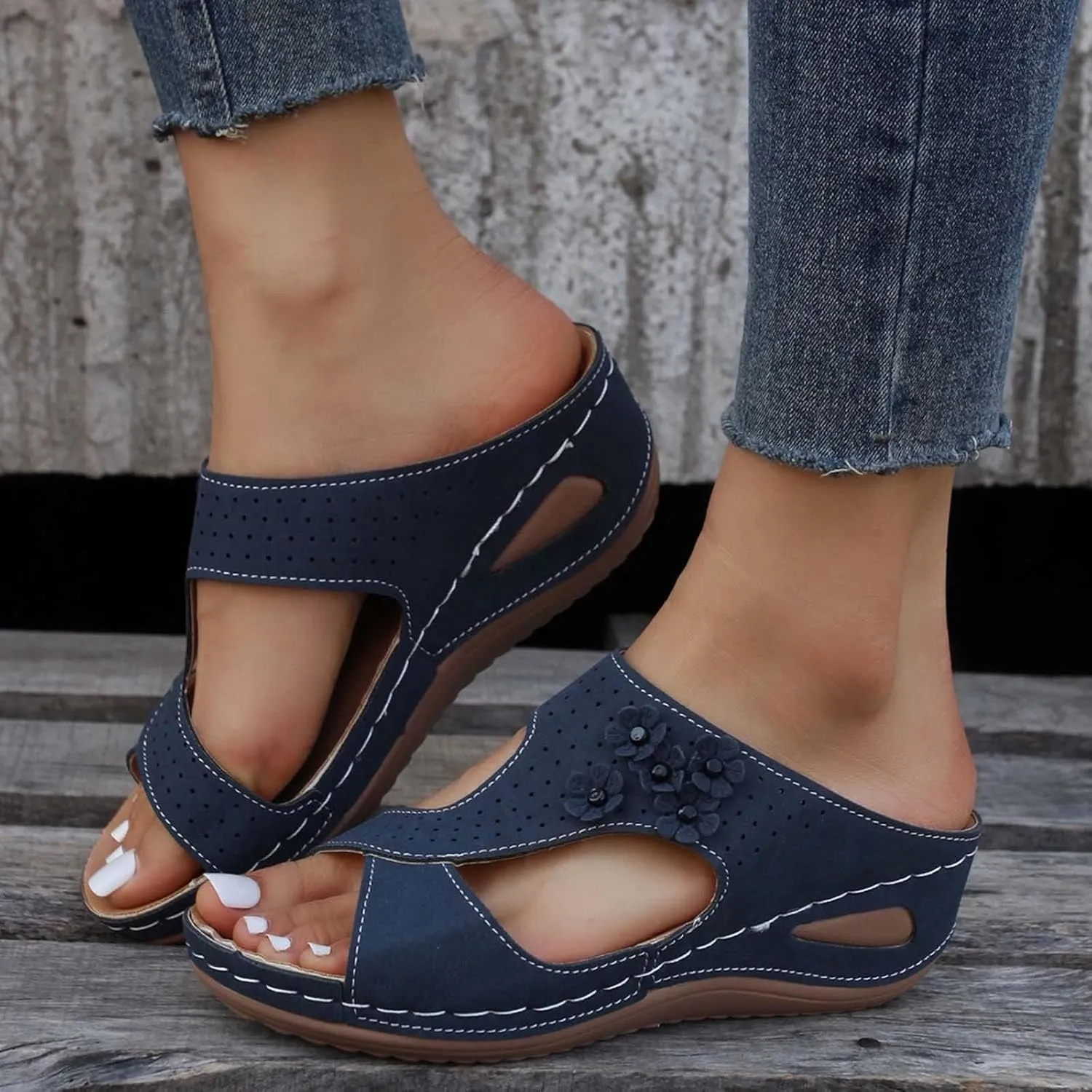 Women's Orthopedic Sandals Slip On Open Toe Flowers PU Wedge Platform Comfortable Arch Support Slippers