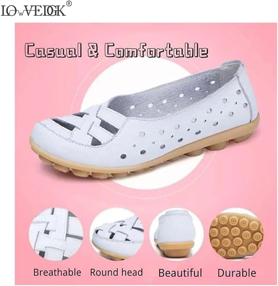 Womens Summer Flats 2025 Orthopedic Loafers Hollow Leather Shoes Comfortable Soft Sandals Casual Slip-On Shoes