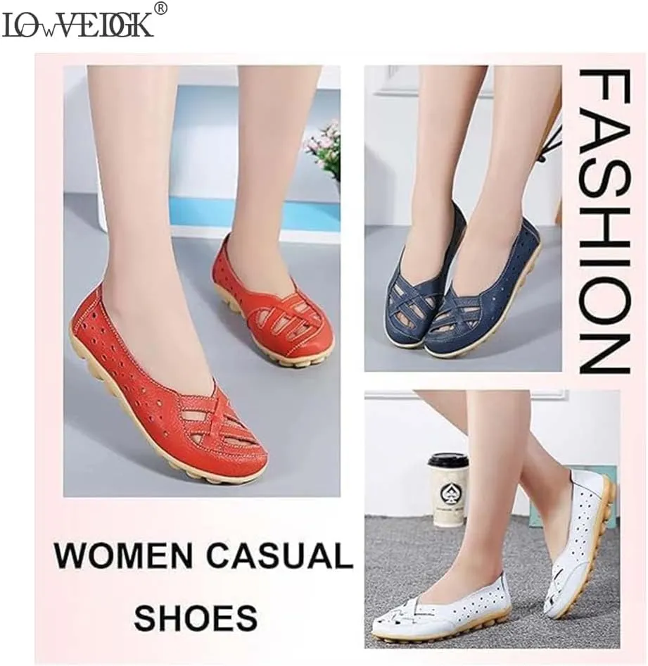 Womens Summer Flats 2025 Orthopedic Loafers Hollow Leather Shoes Comfortable Soft Sandals Casual Slip-On Shoes