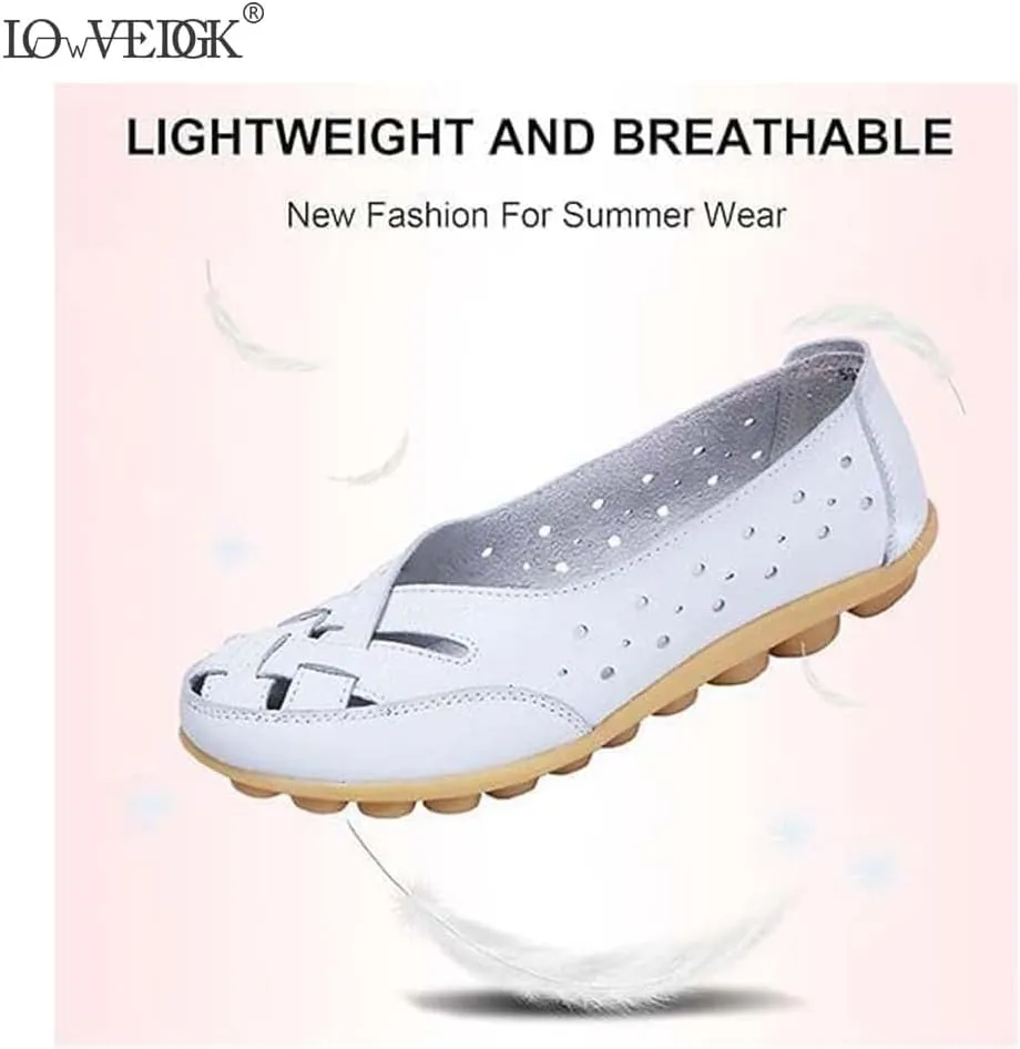 Womens Summer Flats 2025 Orthopedic Loafers Hollow Leather Shoes Comfortable Soft Sandals Casual Slip-On Shoes