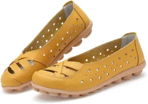 Womens Summer Flats 2025 Orthopedic Loafers Hollow Leather Shoes Comfortable Soft Sandals Casual Slip-On Shoes