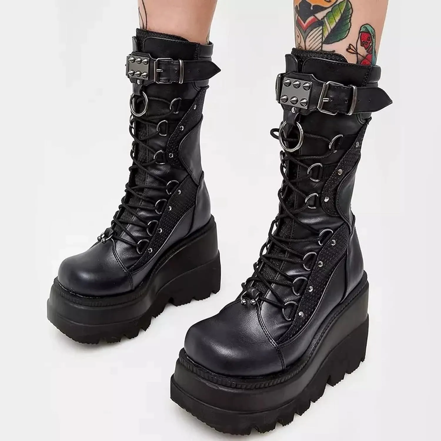 ZKXYFFS Platform Ankle Boots for Women Chunky High Heel Booties Punk Goth Round Toe Combat Boots Womens Lace Up Motorcycle Wedges Boots